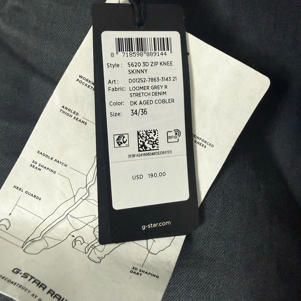 G-STAR RAW men’s grey jeans 3D Zip Knee Skinny 34/36 NWT - Picture 6 of 6